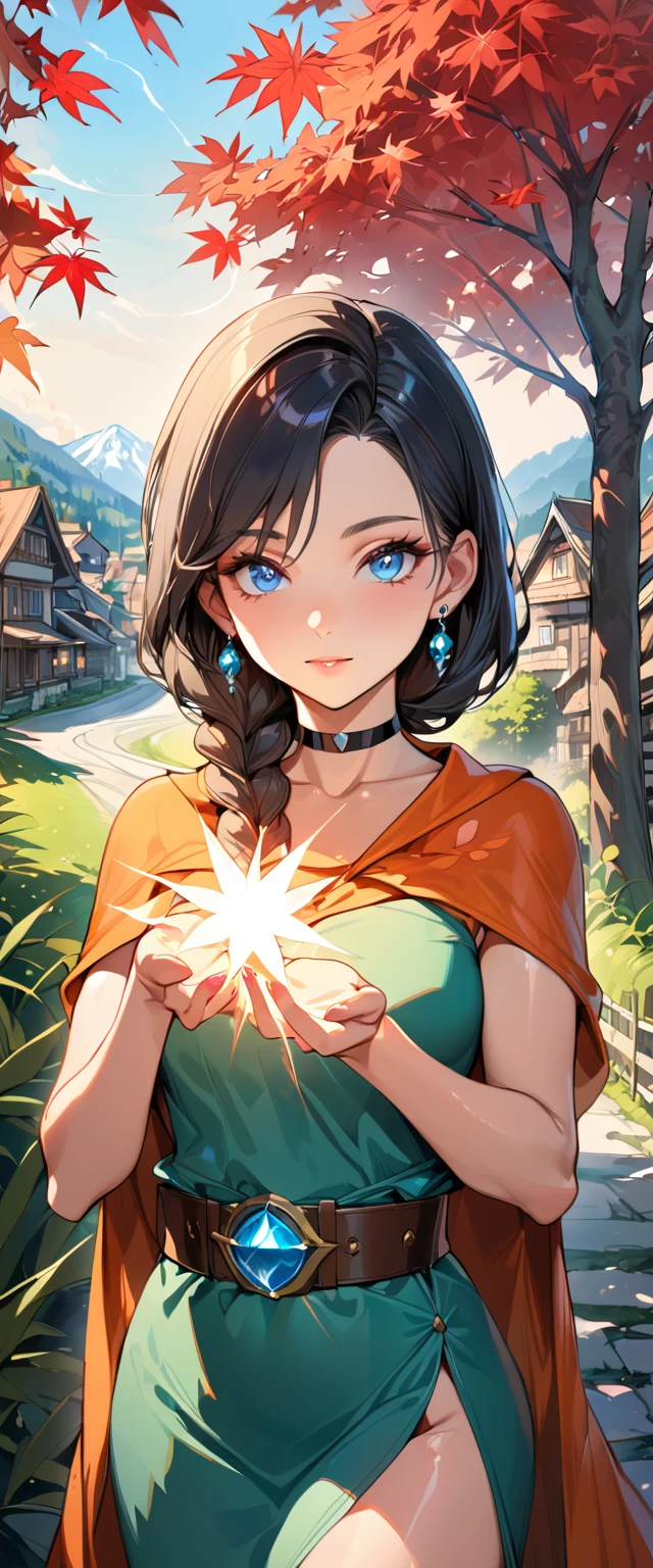 (masterpiece, best quality:1.3), looking at viewer, upper body, portrait, 1girl, solo, dqBianca, blue eyes, single braid, earrings, orange cape, green dress, belt, choker, beautiful eyes, beautiful face, shiny skin, glossy skin, maple trees, village, outdoors, full body, (((Gathering magic in the palm)))