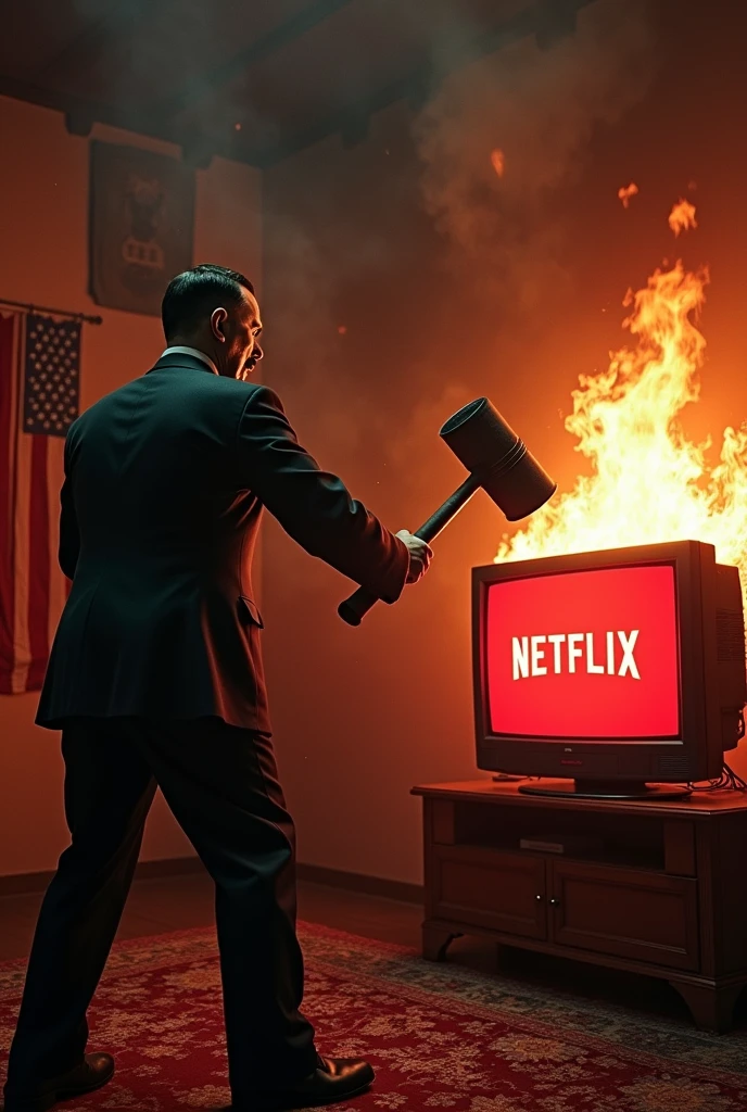 Hitler is angry. With a big hammer, smashes a TV. The TV is showing a big Netflix logo.

USA flag burning in flames on the background. 