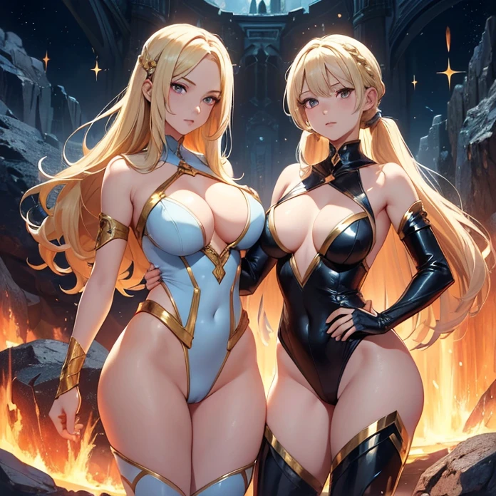 Absurdres, masterpiece, HD, high resolution, science-fantasy, alien, character alone, ordered context, best quality, epic story dramatic and conspiracy, best features and characteristics, full body, cowboy shot view
{{1character:50 years old blonde haired elder beauty woman:(pale skin, red eyes, blonde hair tied in two high twintails, blonde long freinge near the face, short nose, closed mouth, gentle expression, medium breasts, voluptuous figure, absolute beauty, beautiful arms, beautiful legs, beautiful feminine body),(black highleg leotard, gold gauntlets, gold shoulderpads, black armsleeves, white leggings, two white belts),(respecful pose, arms posing on hips, heroic and lovely demeanor),(blue landscape, orange lava river at the left, light-blue sky, blue mounds around)}}