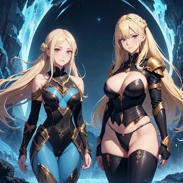 Absurdres, masterpiece, HD, high resolution, science-fantasy, alien, character alone, ordered context, best quality, epic story dramatic and conspiracy, best features and characteristics, full body, cowboy shot view
{{1character:50 years old blonde haired elder beauty woman:(pale skin, red eyes, blonde hair tied in two high twintails, blonde long freinge near the face, short nose, closed mouth, gentle expression, medium breasts, voluptuous figure, absolute beauty, beautiful arms, beautiful legs, beautiful feminine body),(black highleg leotard, gold gauntlets, gold shoulderpads, black armsleeves, white leggings, two white belts),(respecful pose, arms posing on hips, heroic and lovely demeanor),(blue landscape, orange lava river at the left, light-blue sky, blue mounds around)}}