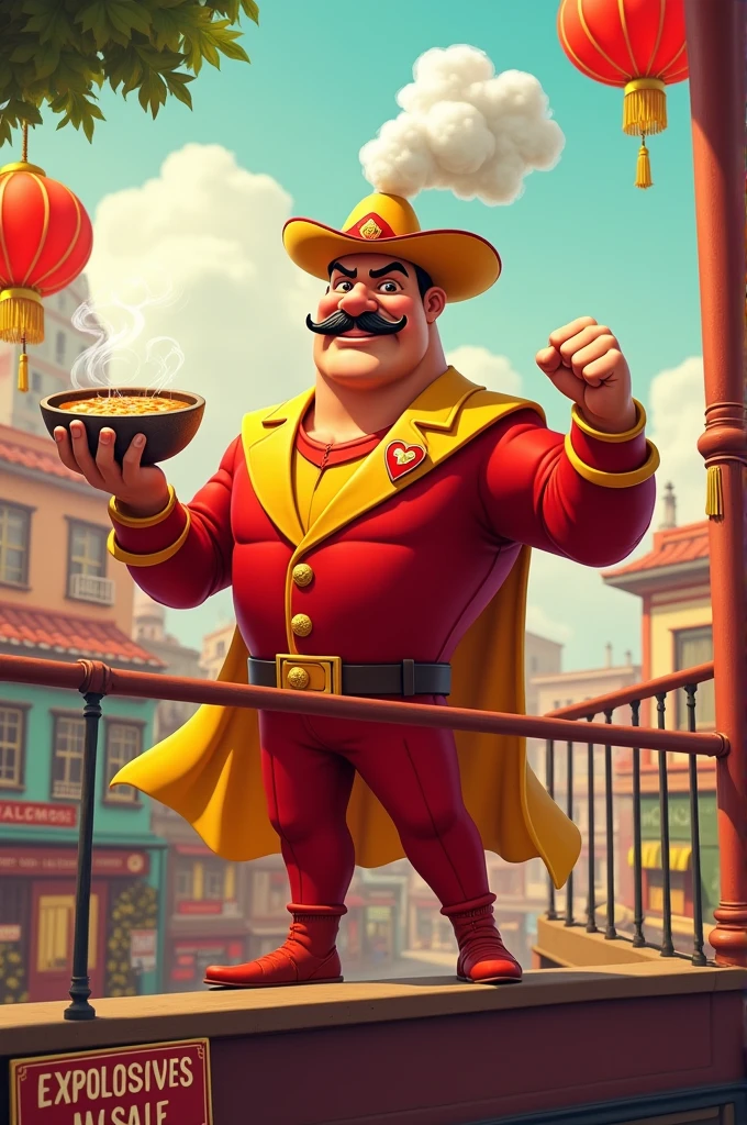 Tell Chapulín Colorado to be on a balcony having Chinese soup and for a sign to come out that says 'Explosives For Sale'