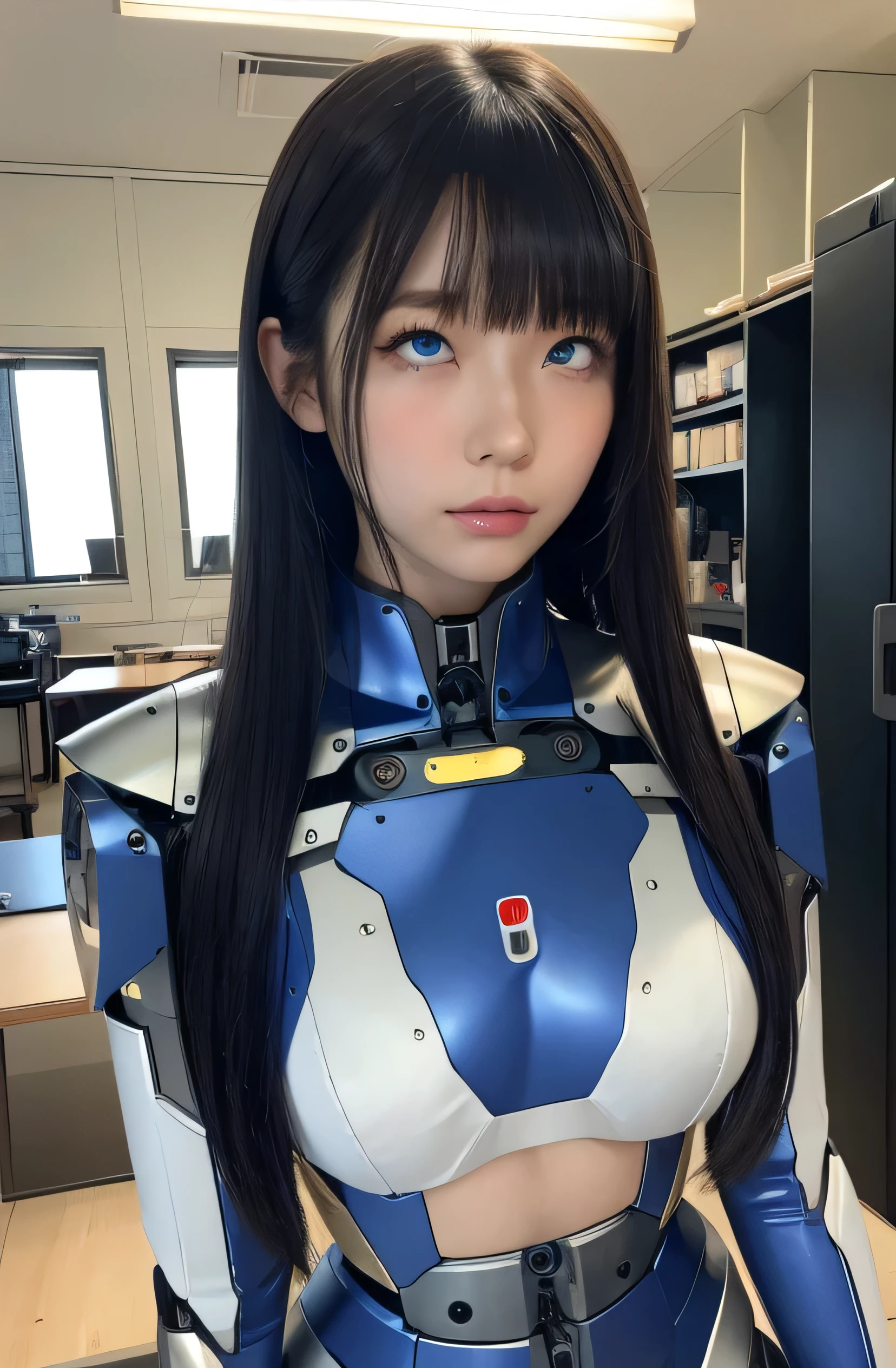 masterpiece, best quality, extremely detailed, Japaese android girl,Plump ,control panels,android,Droid,Mechanical Hand, Robot arms and legs,Blunt bangs,perfect robot girl,long tube,thick cable connected her neck,android,robot,humanoid,cyborg,japanese cyborg girl ,robot-assembly plant,She has assembled now,assembly scene,chest monitor,blue eyes,rolling eyes