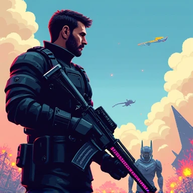 A soldier with a light gun wearing a black military uniform looks at Juloro. Pixel art in 100*100 dimensions.