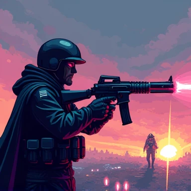 A soldier with a light gun wearing a black military uniform looks at Juloro. Pixel art in 100*100 dimensions.