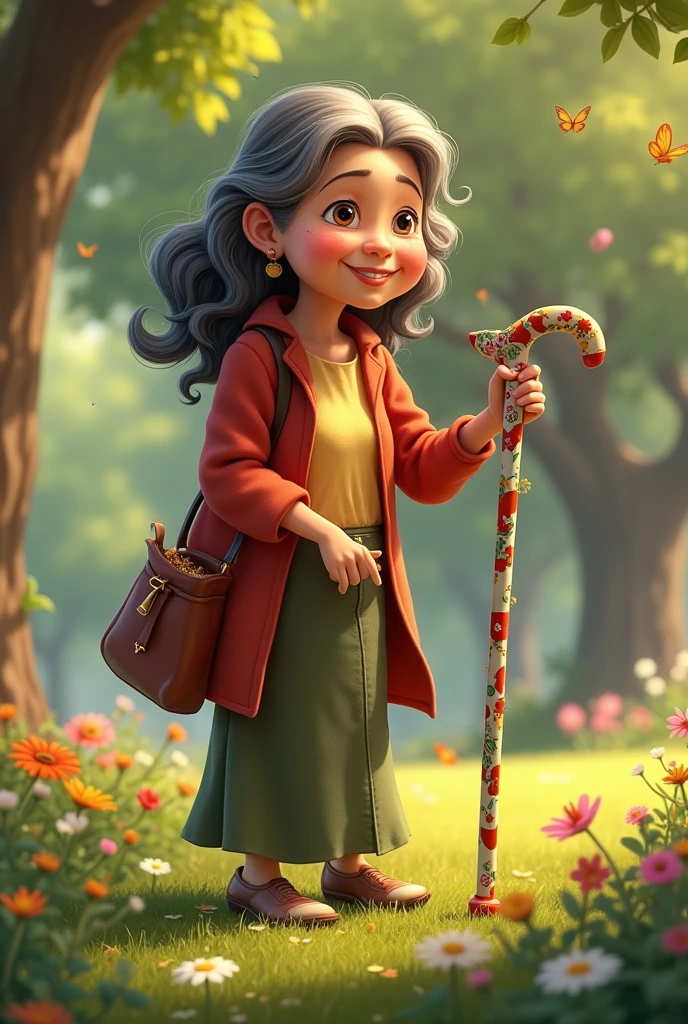 An elderly woman with brown skin and wavy hair, half gray and half dark brown, using a Disney cartoon-style cane.