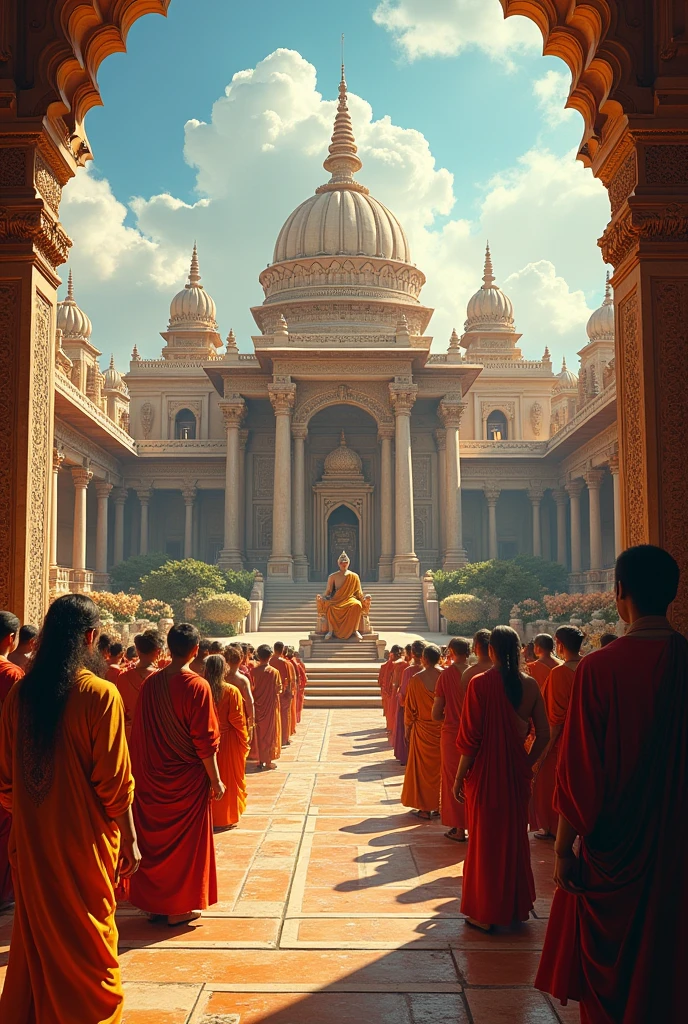 A grand ancient Indian city named Mithlavati with palatial buildings, ornate temples, and lush gardens. King Gunadhipa sits on a throne in his royal court, surrounded by ministers and citizens who have come from distant lands to meet him."