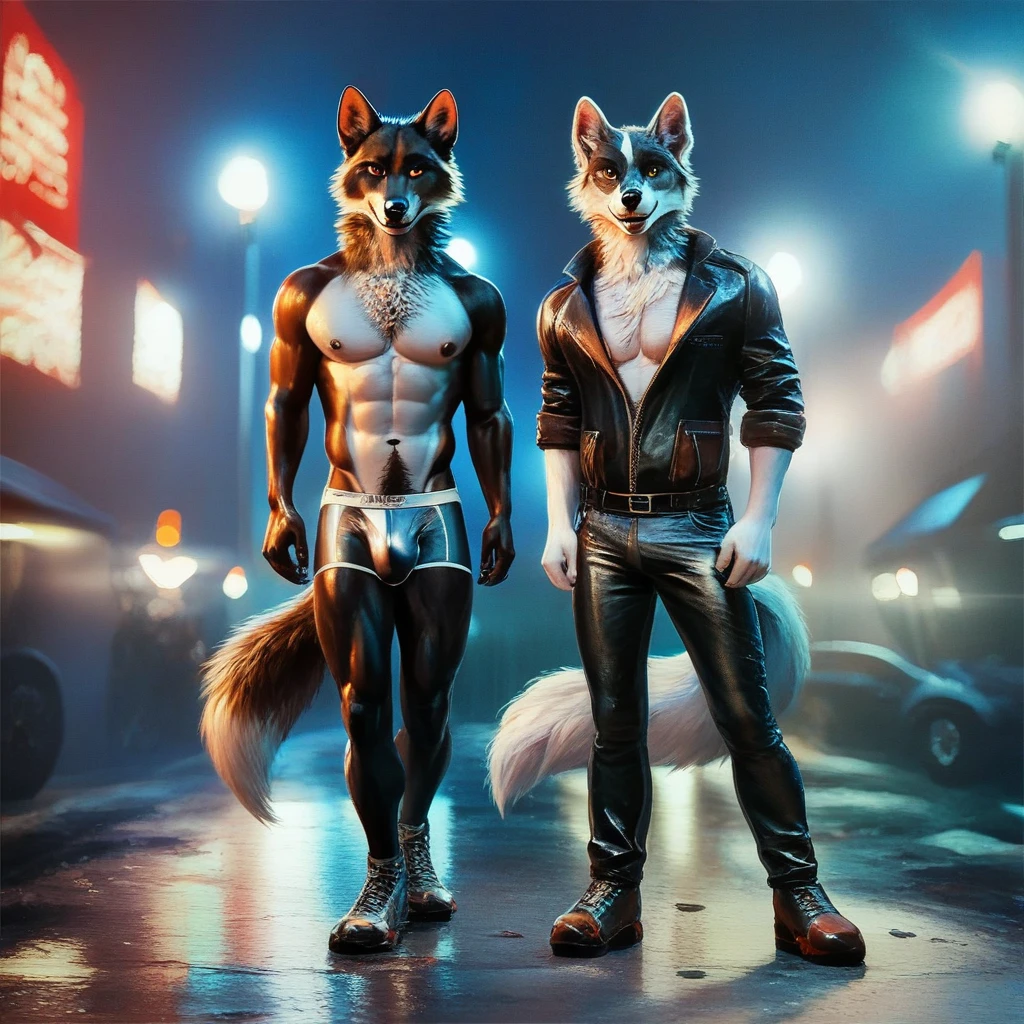 Masterpieces, furry, male, kinky, Anthropomorphic, full body, old age, rugged, black wolf, {two men with lanky body type}, Delicate eyes, white goatee, grizzled fur, glistening body, biker, ebony skin, depth of field, warm lighting, bright lighting, (best quality),(masterpiece),(ultra detailed), sharp focus, wasteland background, fierce look, evil grins, scars, glossy, oiled up body, black nipples, bushy tail, grime and dirty body, harnesses, white pubes, white chest fluff, white arm hair, white armpit hair, tight underwear