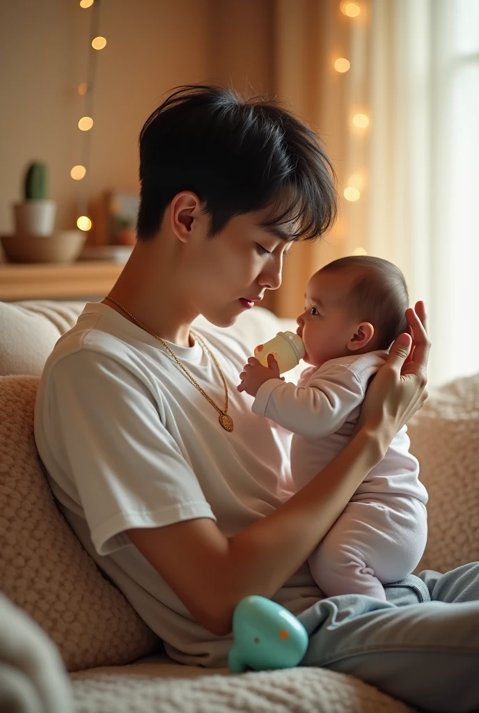 Make another image of Christopher Bang (Bangchan) Stray Kids leader. holding a baby in his arms while feeding her with a bottle