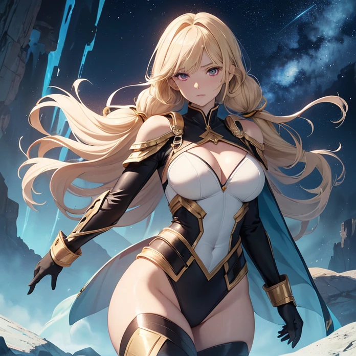 Absurdres, masterpiece, HD, high resolution, science-fantasy, alien, character alone, ordered context, best quality, epic story dramatic and conspiracy, best features and characteristics, full body, cowboy shot view
{{50 years old blonde haired elder beauty woman:(pale skin, red eyes, blonde hair tied in two high twintails, blonde long freinge near the face, short nose, closed mouth, gentle expression, medium breasts, voluptuous figure, absolute beauty, beautiful arms, beautiful legs, beautiful feminine body),(black highleg leotard, gold gauntlets, gold shoulderpads, black armsleeves, white leggings, two white belts),(respecful pose, arms posing on hips, heroic and lovely demeanor),(blue landscape, orange lava river at the left, light-blue sky, blue mounds around)}}