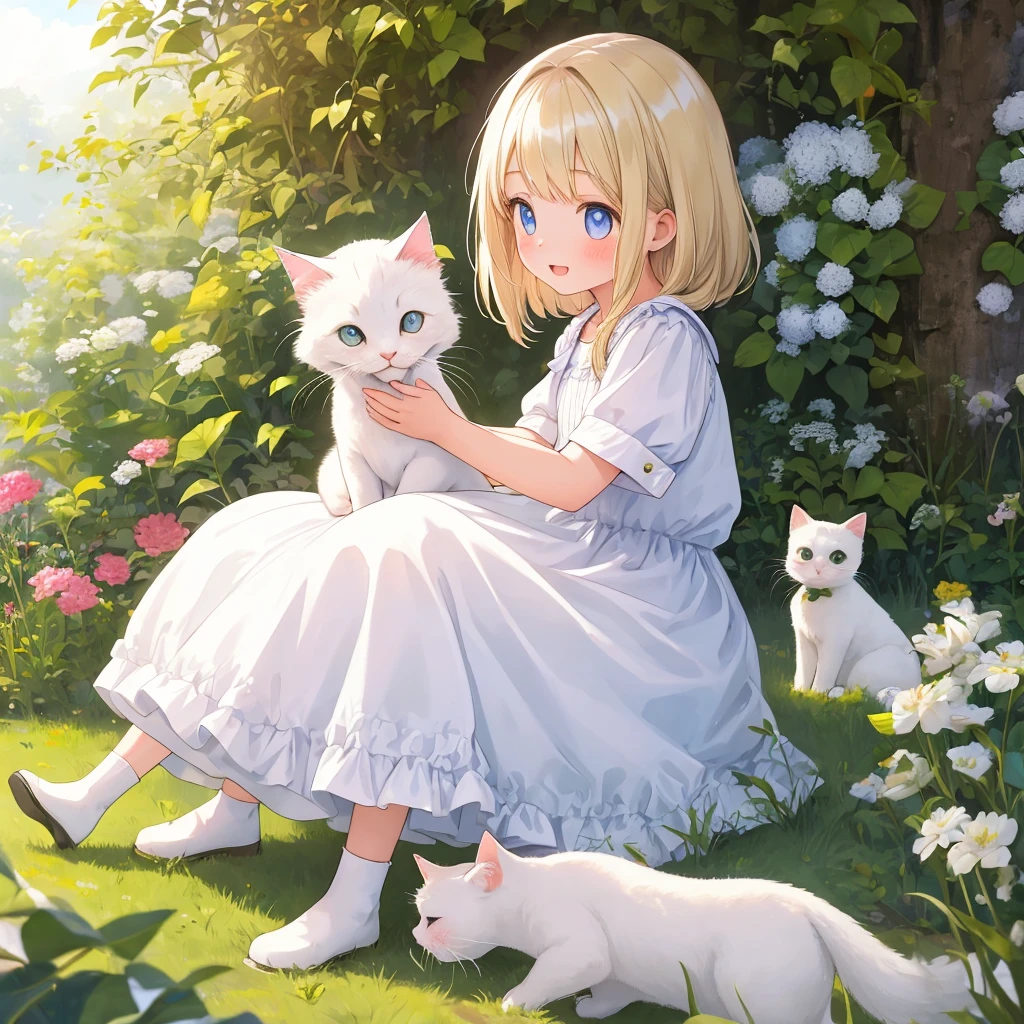 A beautiful young girl playing with a pure white kitten.