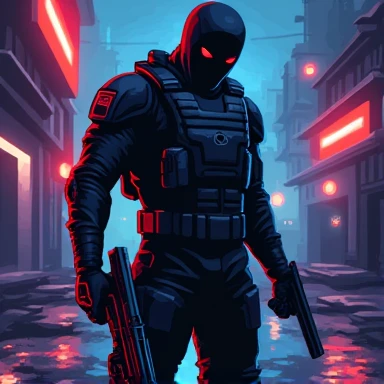 A soldier with a light gun wearing a black military uniform looks at Juloro. Pixel art in 100*100 dimensions.