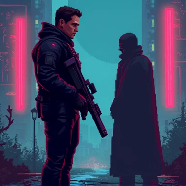 A soldier with a light gun wearing a black military uniform looks at Juloro. Pixel art in 100*100 dimensions.