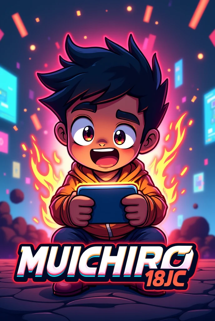 Create a mascot where the mascot is a brown-skinned gamer boy playing with a phone with fire around it and the name MUICHIRO18JC at the bottom.