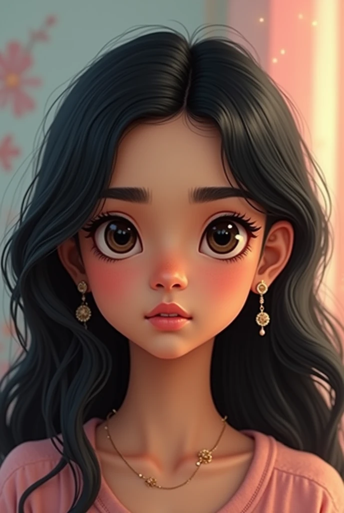 (photorealism:1.2), Create girl with the name Hridhya
Medium Black color Hair,
Whitish skin
Big eyes, black color
Brown color lips
Oval face
Straight nose
Black eyebrows ( big )
Medium size ears with long ear rings
Big low chin
Little black Circle around eyes
