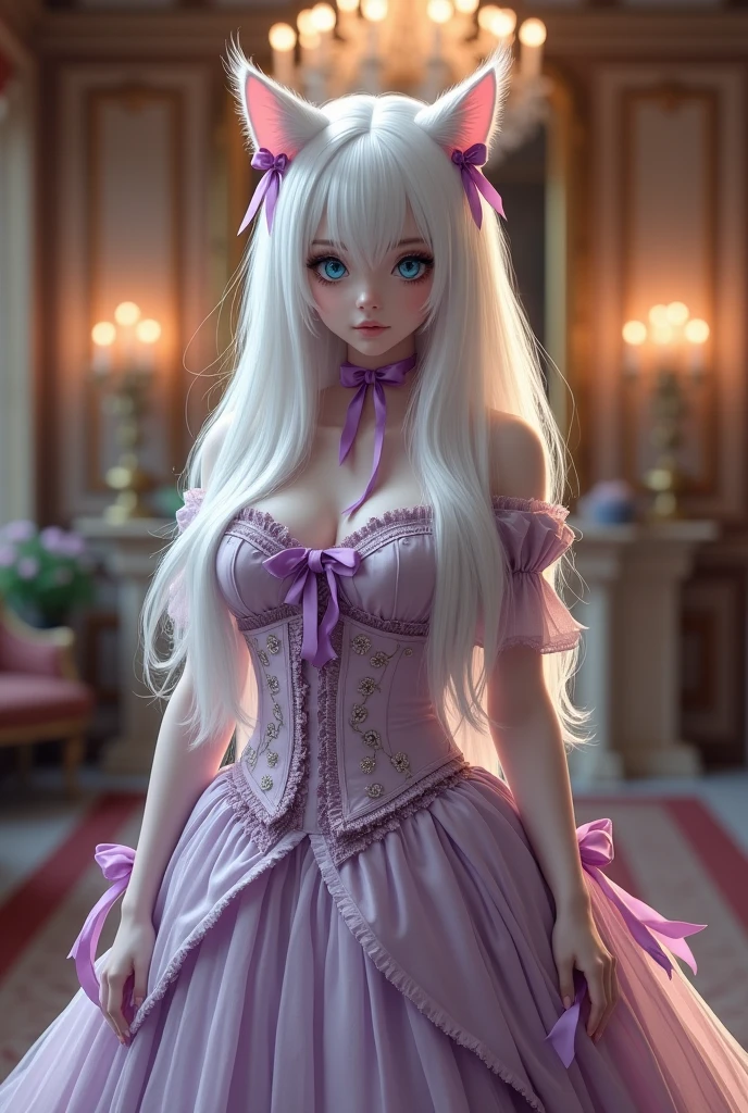 (photorealism:1.2), beautiful woman, (A voluptuous cat girl with a pale skin tone and a charming and mysterious appearance. Her hair is long, smooth and pure white that cascades down to her waist, further highlighting her cat ears, which are sharp and covered with the same white fur. His eyes are big and bright, of an intense blue, with vertical pupils that give it a feline and captivating air. Her figure is voluptuous, with well-defined curves and an elegant and self-assured posture. His expression is a mixture of sweetness and cunning., Always with a slight smile that suggests that he knows more than he appears to. + She wears a Victorian style dress that gives her an elegant and sweet touch., contrasting beautifully with her feline appearance. The dress is a soft pastel color, like lavender or pale pink, which highlights her pale skin and white hair. The corset of the dress is tight, with delicate lace and pearl buttons on the front, highlighting her voluptuous figure without being too revealing.The sleeves are long and puffed at the shoulders., ending in fitted cuffs with small matching bows. The skirt is wide and fluid, with several layers of lightweight fabric and intricate embroidery at the hem, which give it an air of refinement. The skirt falls to the ankles, with a pair of petticoats underneath that give it volume, and moves gracefully with every step you take. Around her neck she wears a velvet ribbon with a small cameo in the center., and her cat ears are adorned with small silk bows matching the dress. She wears white lace gloves that cover her hands up to the elbows., and on her feet she wears fine leather booties with bow details.)