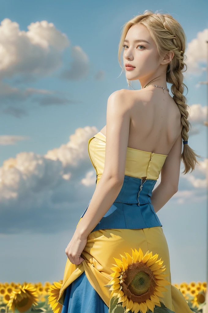 (((best quality))), (((ultra detailed))), (((masterpiece))), illustration,((a beautiful Ukrainian girl,solo)),((slim,thin)),((strapless,shoulder off,bare back,towering hips,butt crack)),(standing amidst a field of sunflowers:1.3),(short blonde braid hair:1.3), (((vibrant blue shirt,maxi bright yellow skirt))),((from back,upper body)),complementary attire, (horizon as backdrop:1.2),((brilliant shade of clear blue sky, stark contrast with sea of yellow sunflowers)),striking features, sharp piercing eyes, warm kindness, subtle smile, gentle nature, simplicity of beauty