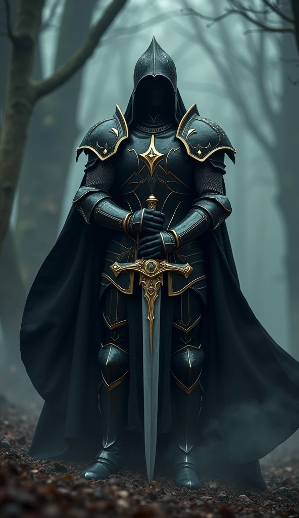 Diamond Knight,Dark Face、,Thrusting a double-edged sword into the ground,Hold the hilt of the sword with both hands,Black Cape,Otherworldly Armor,Gold Color Line,Night Forest,fog,A cloak fluttering in the wind,(Wearing a black robe over armor)