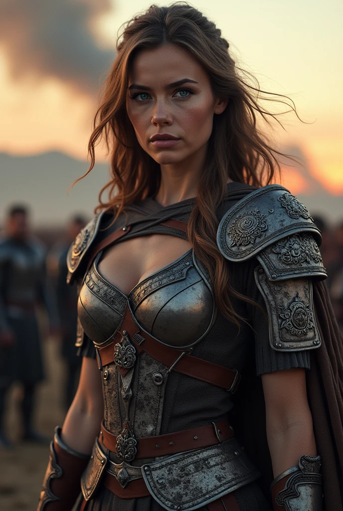 (photorealism:1.2), beautiful woman with glasses and light brown hair, with blue eyes and wearing a warrior outfit 