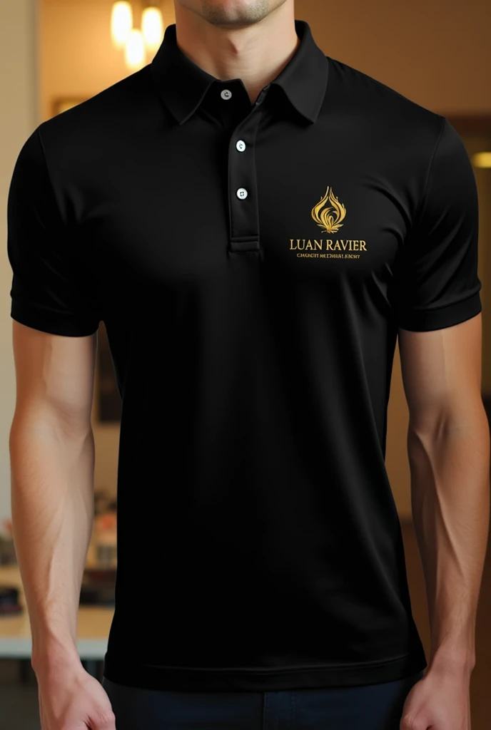 black polo shirt, golden logo on the right side, name Luan Ravier below the logo