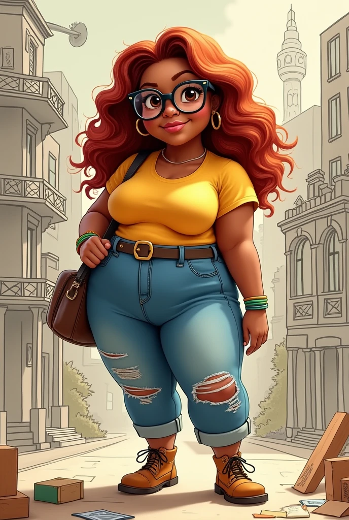 Architect woman very chubby with reddish, curly hair, medium length, shoulder length, with glasses, brown skin, dark brown eyes and hipster glasses, with bracelets and nose piercing, with rockstar style bag, ripped denim jeans and construction boots, Disney Pixar Cartoon version