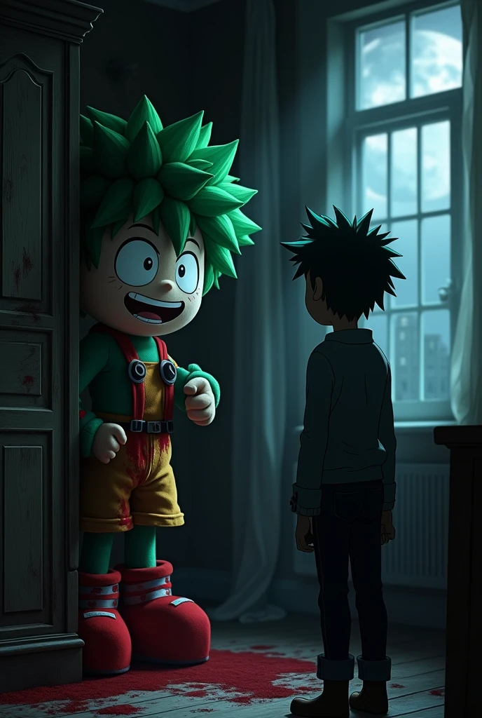 A blood-soaked Midoriya Izuku plush stares at Todoroki Shoto from the darkness of a closet.