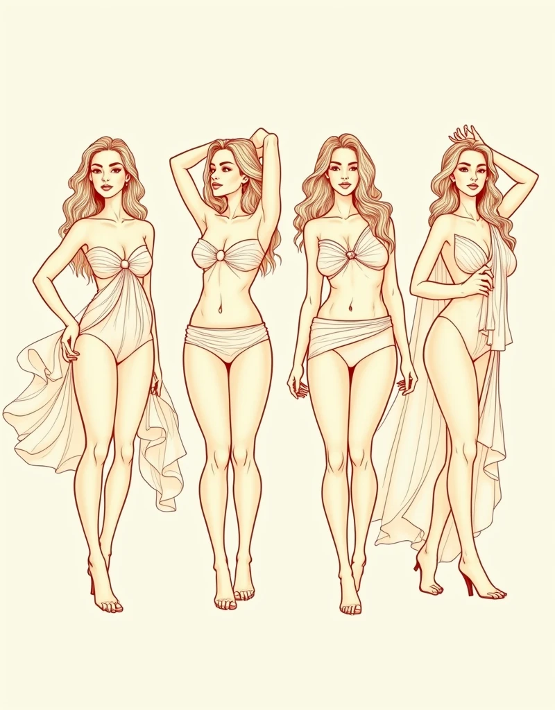 Create a line drawing in the Kulen style (Semi-realistic style) with a typical Brazilian woman with a golden skin tone of 3/with 4 angles, to make it look like a sexual innuendo