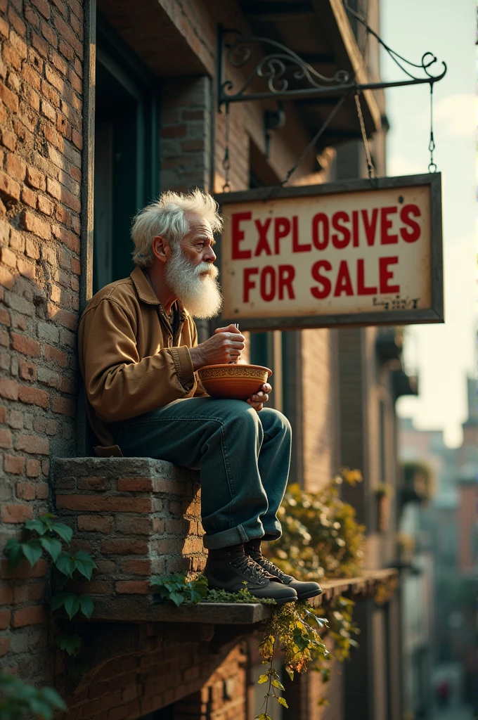 Put a white man on the balcony of an old building, who is eating Chinese soup and have a sign that says Explosives for Sale 