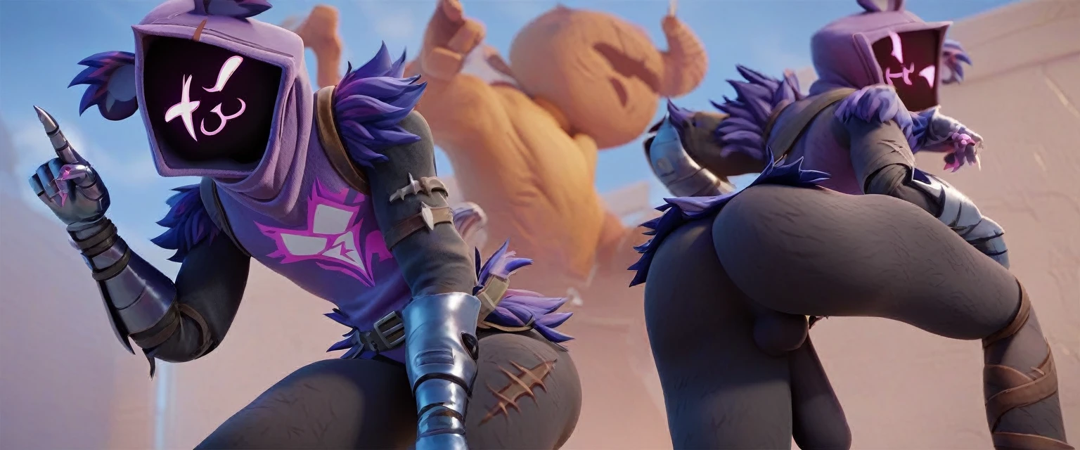 1boy, Raven team leader,purple hoodie, with no face, shadowed face, animal ears,purple skin, scar on eye, body skin, purple fur, waist belt, torso symbol, metal gloves, pointing your ass at the viewer, leaning forward, pushing, she closes her eyes, hands resting on top of a small wall, her with her eyes closed, hands are not in the air, expression of force, stomachache, stomach growling. day Of course, femboy,