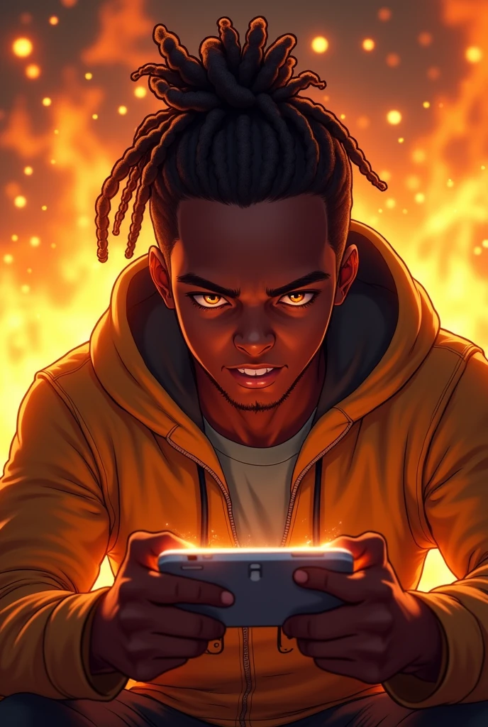 Create a mascot where the mascot is a dark-skinned adult gamer guy playing with a phone with fire around him and with the name MUICHIRO18JC at the bottom. 