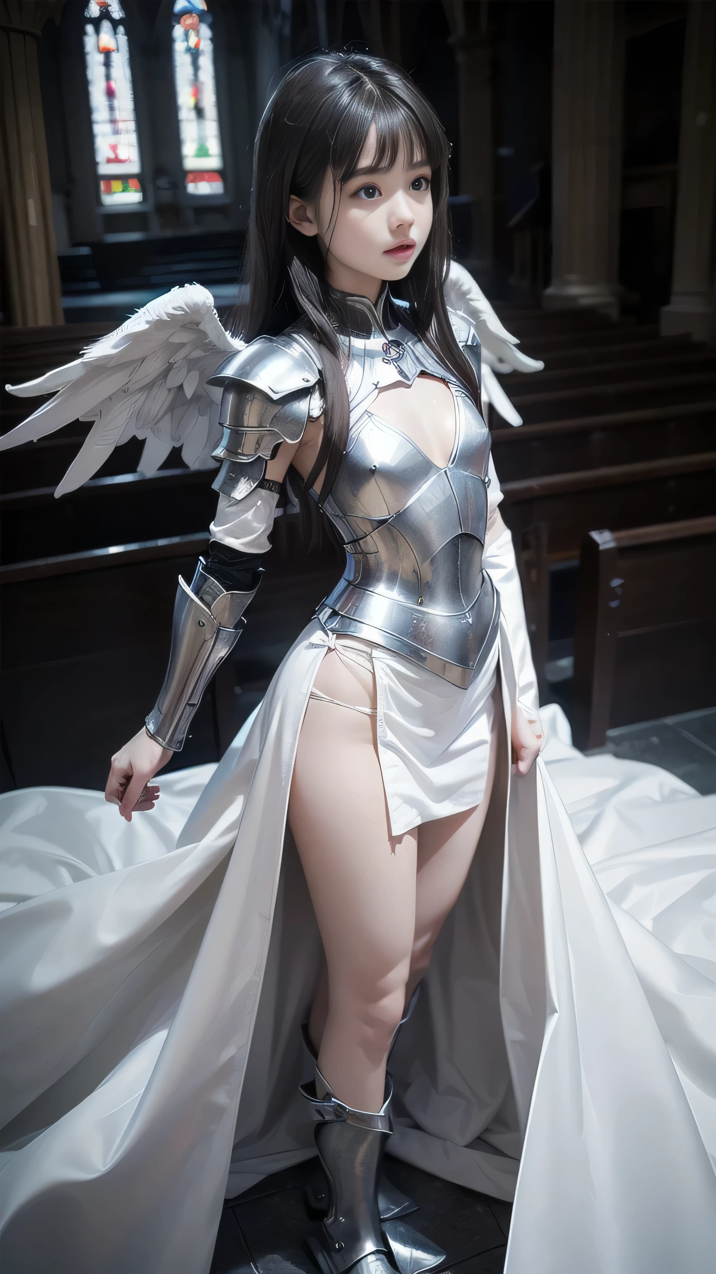 8K, Raw photo, Photorealistic, (Detailed skin, Best Quality:1.2), (Angel wings), ((armored dress)), (((Small chest:1.1))), (Silver long hair:1.3, short bangs), age girl in the church, (Baby face:1.1, Neat face, Fairer skin), thighs, A translucent white cloth is wrapped around the body, Full body shot, (low angle shot:1.2)