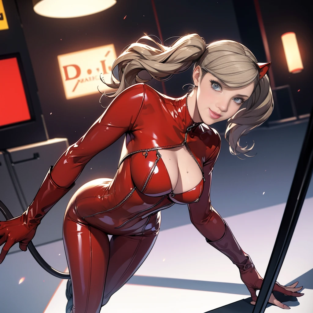 ((Master quality, 8K, masterpiece:1.3, ultra-detailed, high resolution, RAW Photos, detailed Realistic background, cinematic lighting)), Actual, hyperrealistic, photo, HDR, BREAK, detailed eyes, perfect anatomy, perfect hands, perfect legs, BREAK, One person alone, dsann(persona 5), beautiful face, (open stance, posing sexy), blonde twin pigtails hair, ( Round and Stacked Breasts ), Cleavage, Slim waist, smile:1.5, Sweat-soaked skin, BREAK, wearing( dspanther, red latex bodysuit and Butt Cat tail , Cat Ears Domino Mask, Leather gloves ), , Graffiti art, BREAK, ( Random Angle, full-body, ), dynamic angle, , background(cinematic lighting, depth of field, cyberpunk atmosphere, light particles, casino, Rooftop)