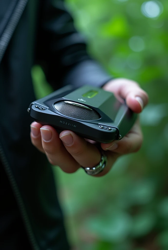 technological device , grasped with one hand, hand with leather jacket , blurred green background
