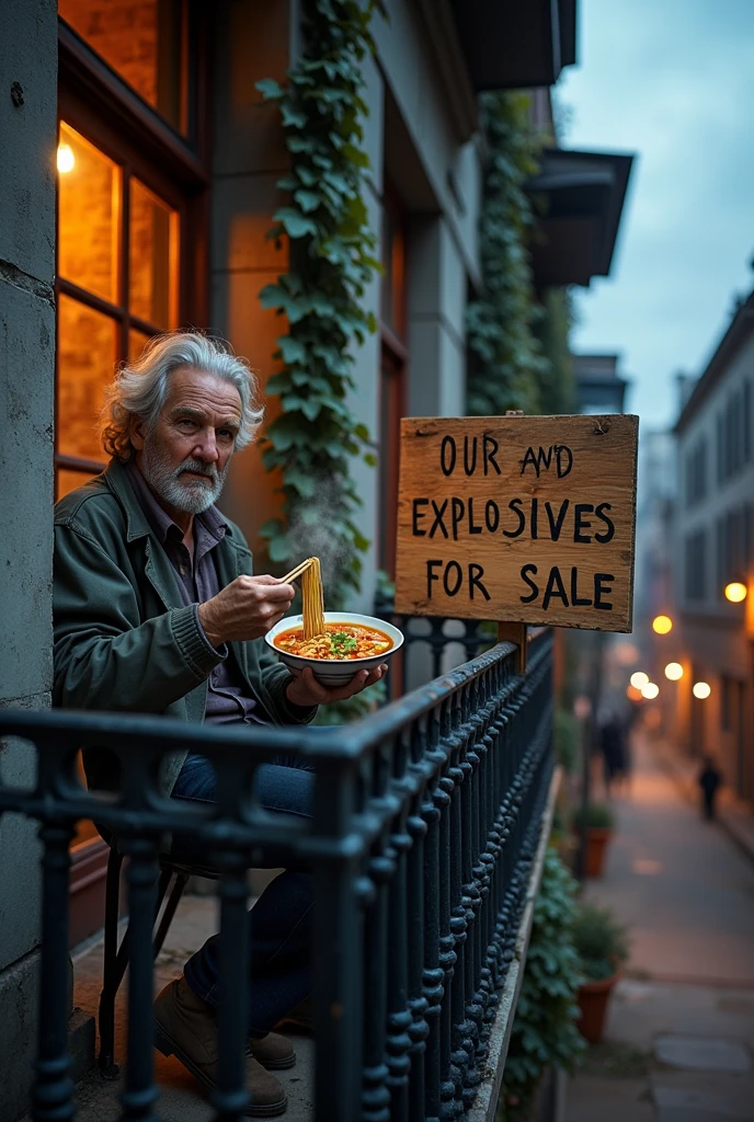 Place a 40-year-old white man on the balcony of an old building, who is eating Chinese soup and have a sign that says Explosives for Sale 