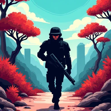 A soldier with a light gun, wearing a black military uniform, goes to Juloro. Pixel art in 100*100 dimensions.