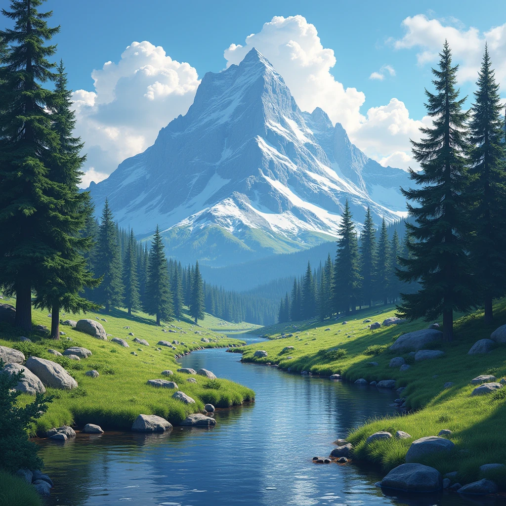 Scenery and Mountain, Stream, Pine trees and Clouds