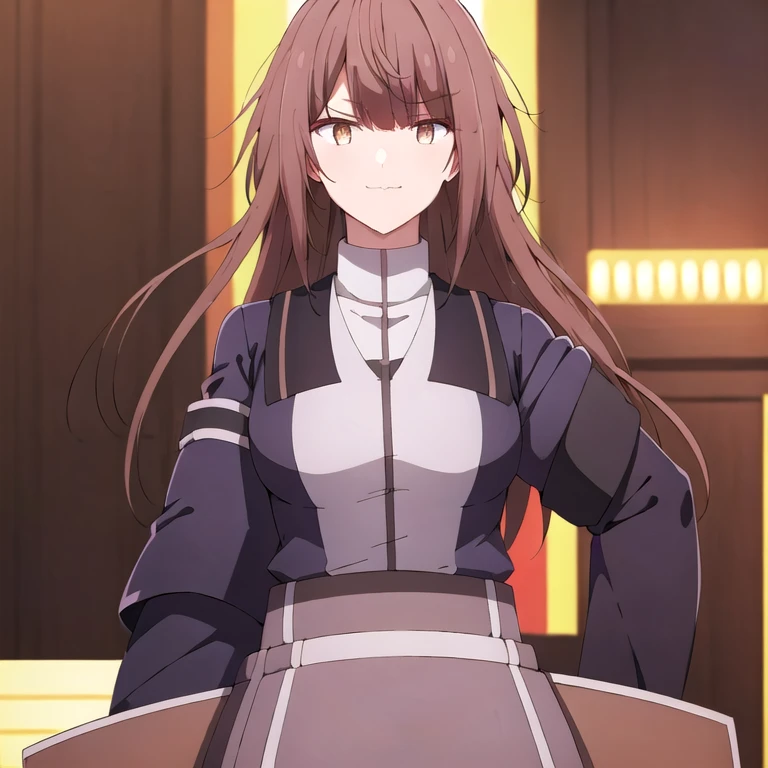 (((full body shot))),(傑作:1.2), 最高品質,((((高解像度)))), ユニティ 8k 壁紙, (形:0.8), ((((非常に詳細な顔)))), 完璧な照明, (((非常に精細なCG))),1girl,bangs,black jacket,breasts,brown eyes,brown hair,closed mouth,collared shirt,eyebrows visible through hair,jacket,large breasts,long hair,long sleeves,looking at viewer,medium breasts,shirt,smile,solo,upper body, ((((椅子に座る)))),((公園)),(((青空))),(((細い脚)))