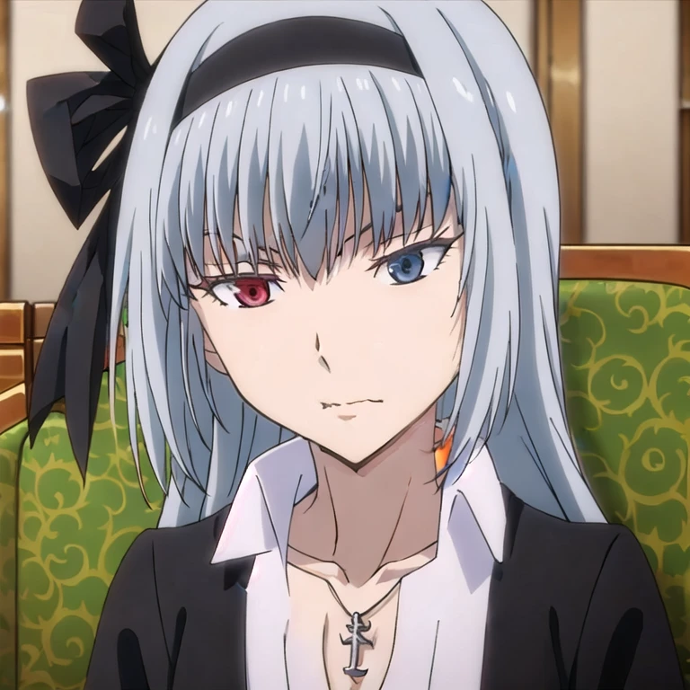 (((full body shot))),(傑作:1.2), 最高品質,((((高解像度)))), ユニティ 8k 壁紙, (形:0.8), ((((非常に詳細な顔)))), 完璧な照明, (((非常に精細なCG))),1人の,1girl,alternate costume,bangs,black hairband,black jacket,blue eyes,blurry,blurry background,chair,collared shirt,curtains,eyebrows visible through hair,hair between eyes,hair ribbon,hairband,heterochromia,indoors,jacket,jewelry,konpaku youmu,long hair,looking at viewer,necklace,open clothes,red eyes,ribbon,shirt,silver hair,solo,upper body,white shirt, ((椅子に座る))