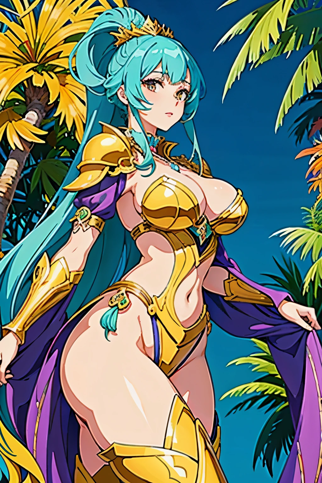 In an enchanting, anime-style realm, a distinctive woman, elegantly adorned with an armor meticulously sculpted from vibrant pineapples, captivates the eye. The tones and colors of this tropical fruit, harmoniously blended, paint a vivid and exotic backdrop - the magnificent castle that serves as her home. The pineapple woman, fully embodied in this captivating armor, stands tall with a physique that showcases perfect character design, each curve and line exuding grace and strength. The armor, intricately designed, accentuates her slender figure, the golden undertones of pineapple weaving through the armor's fibers and reflecting the warm,