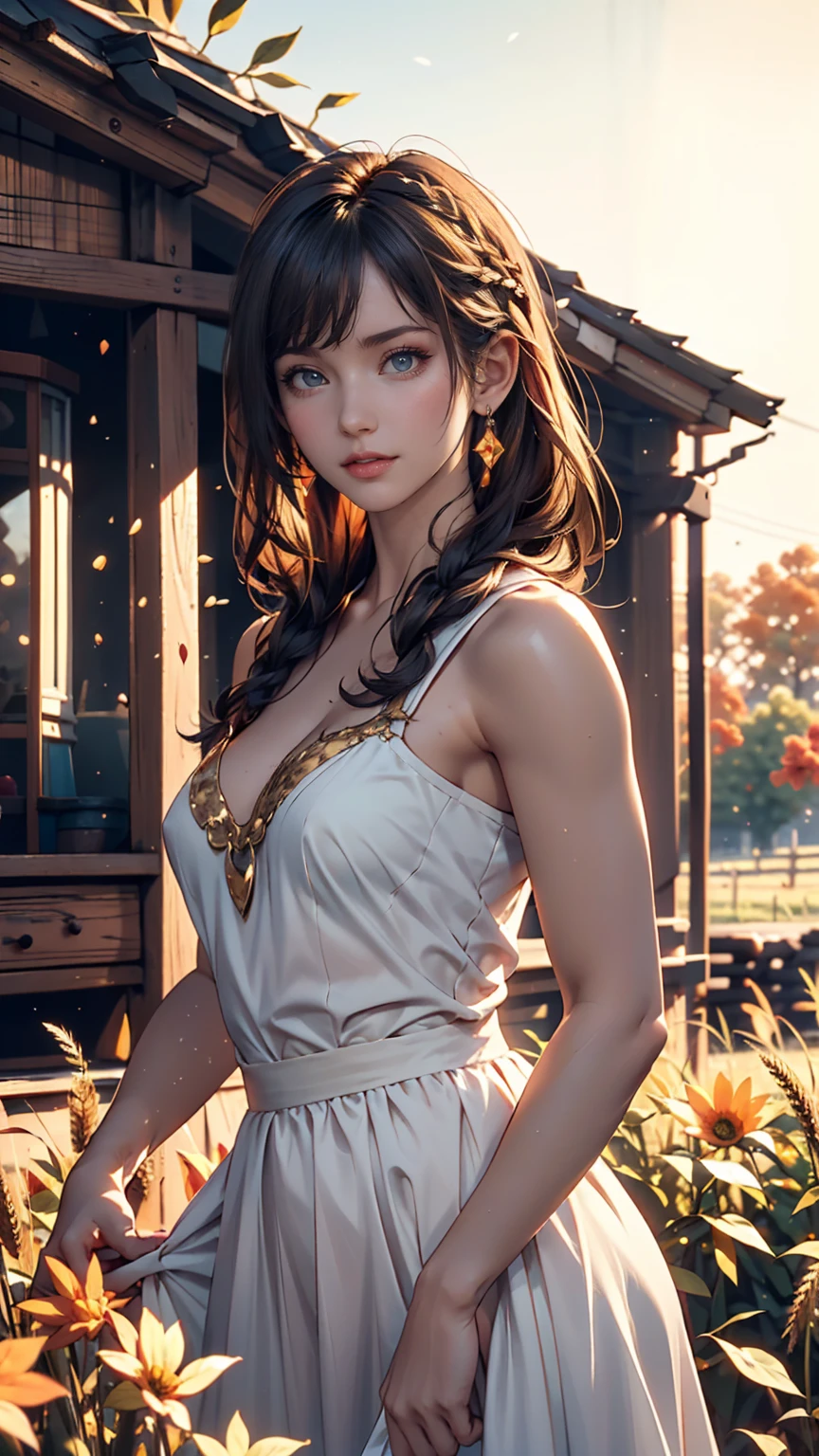 One person, 20-year-old, Tall and attractive, Wearing a cute country dress, Braided hair, Standing on a rural farm. She's gentle, A kind smile and expressive eyes. A charming barn can be seen in the background., Golden wheat fields and clear blue skies. The composition should be bathed in warm golden hour light., The soft depth of field and soft bokeh accentuate the idyllic tranquility.. Capture images that look like they were shot on vintage 35mm film for added impact, movie,