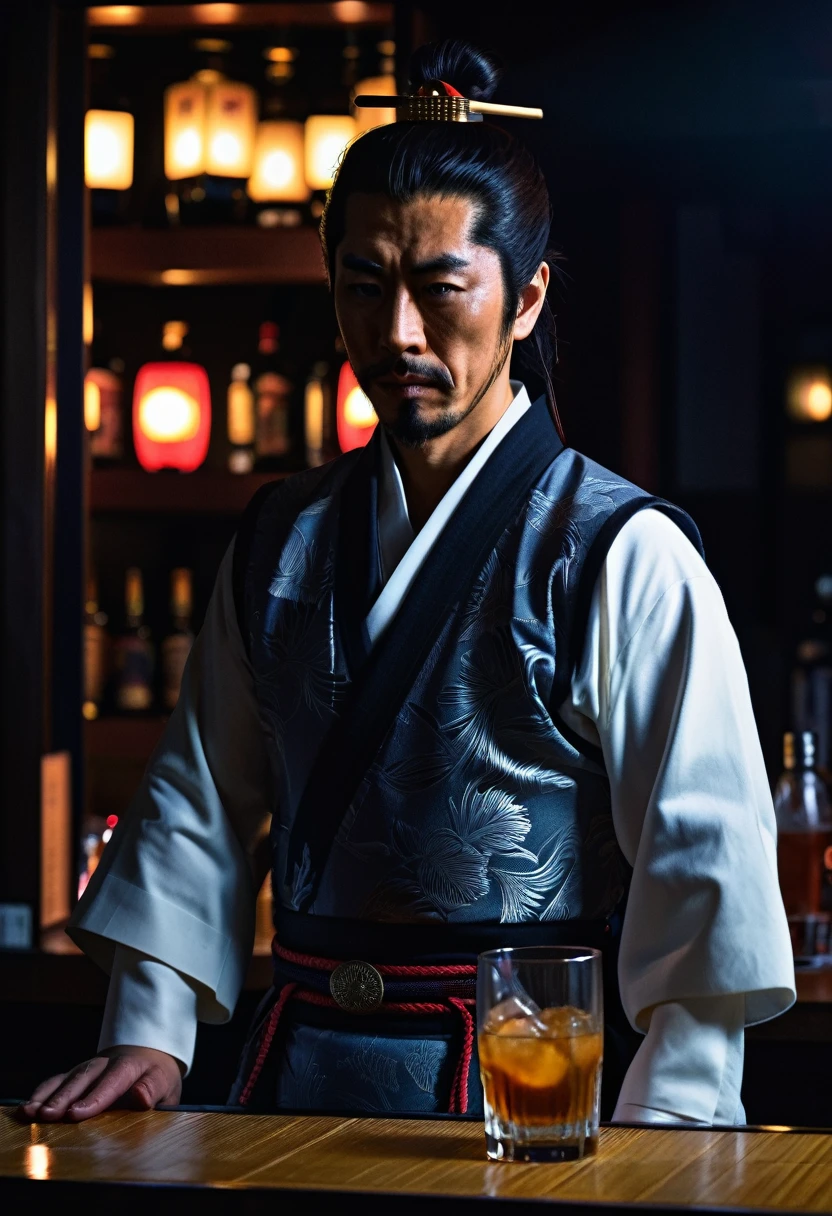 japanese samurai bartender, hyperrealistic, dim light