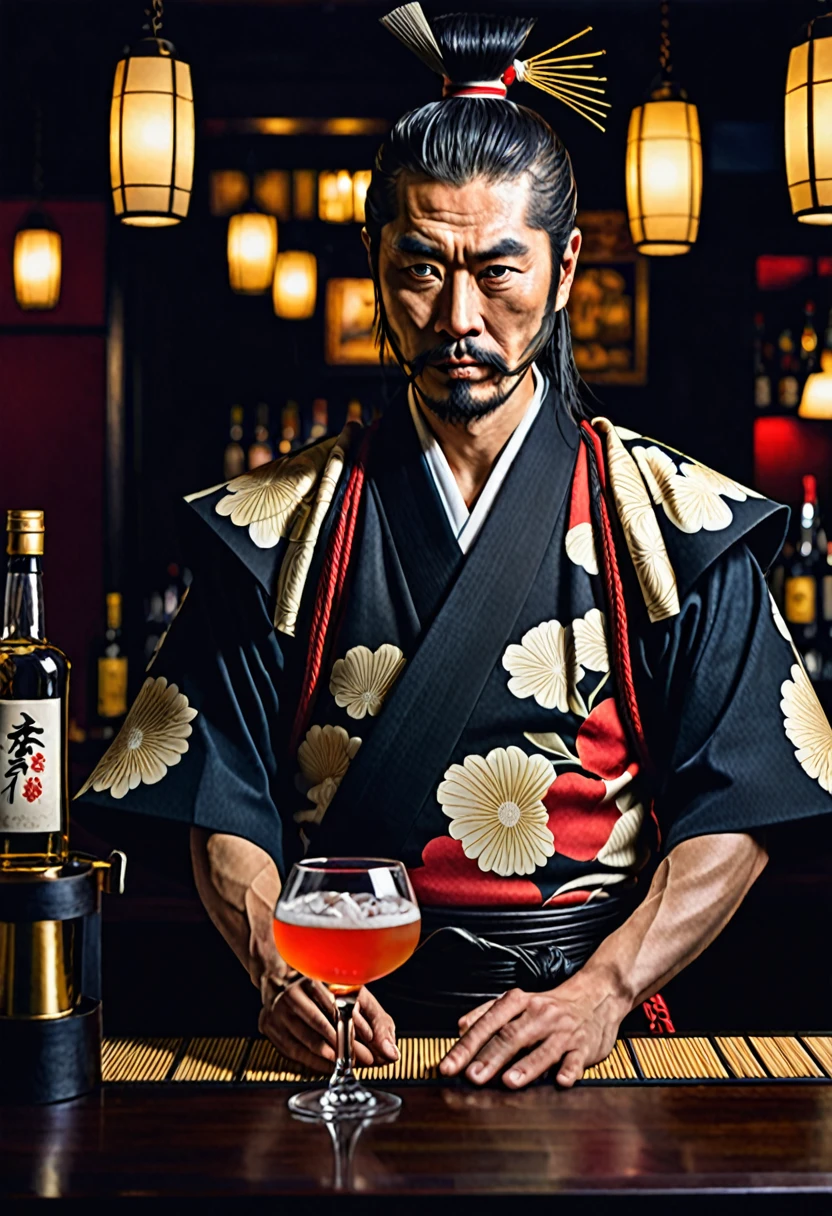 japanese samurai bartender, hyperrealistic, dim light
