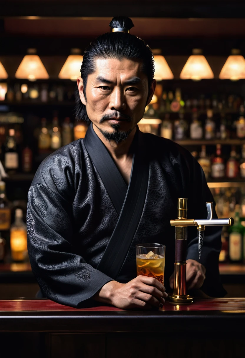 japanese samurai bartender, hyperrealistic, dim light