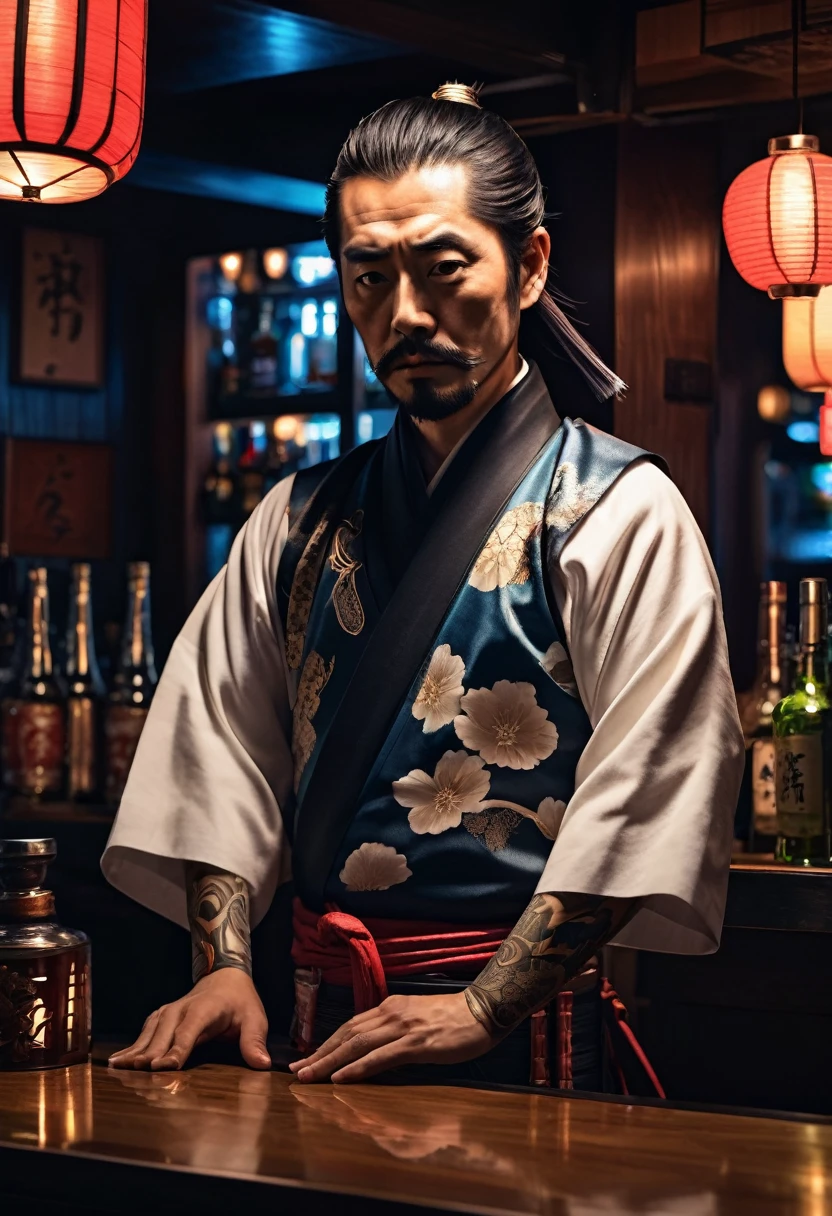 japanese samurai bartender, hyperrealistic, dim light