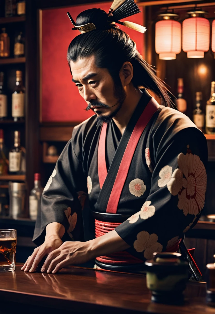 japanese samurai bartender, hyperrealistic, dim light
