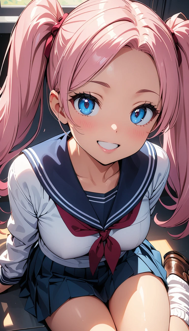 (Highest quality:1.2, 4K, 8k, Studio Anime, Very detailed, up to date, Vibrant, Attention to detail, High Contrast, masterpiece:1.2, Highest quality, Best aesthetics), (((1 person))), Sit and pose, 、 Sailor suit, Pleated skirt, loose socks, loafers, Open your mouth a little:1.2, smile, Dynamic Angle, look up:1.3, Friendly atmosphere, Beautiful pink hair, Twin tails、Your forehead is sticking out.、Shiny Hair, Beautiful Skin, Detailed face and eyes, Glossy Lips, Curvy Women, Striking contrast,White striped panties
