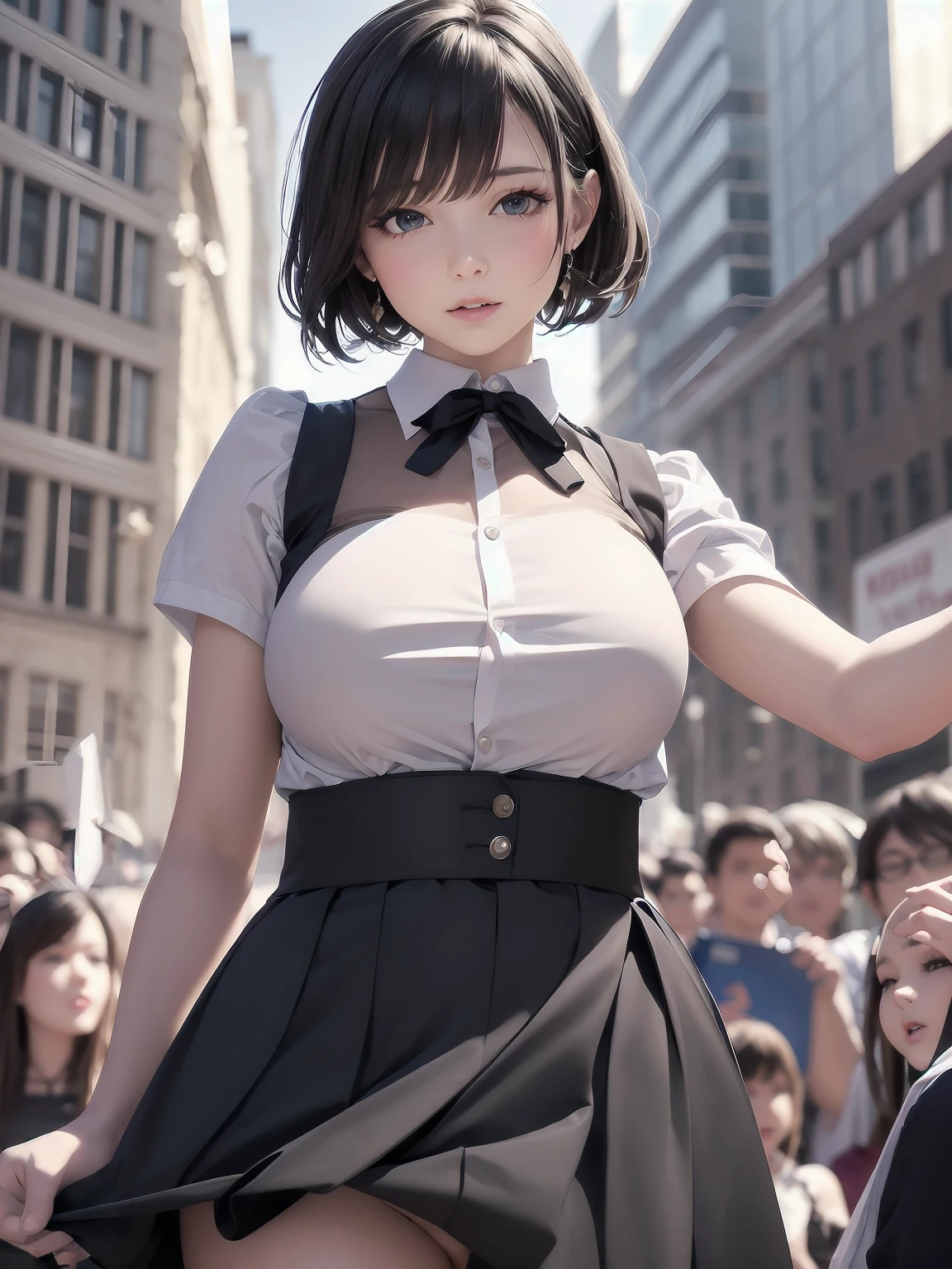 Highly detailed CG Unity 8k wallpaper, Top quality, Highly detailed, Masterpiece, Highly detailed pretty girl, 8 years old, (((lifting skirt by herself))), (lifting skirt by herself)), dynamic angles, sexy pose, blush, lips apart, looking at audience, half body shot, (crowd), (crowded big city)), hair over one eye, immaculate beauty, less revealing maid outfit, classical maid fashion