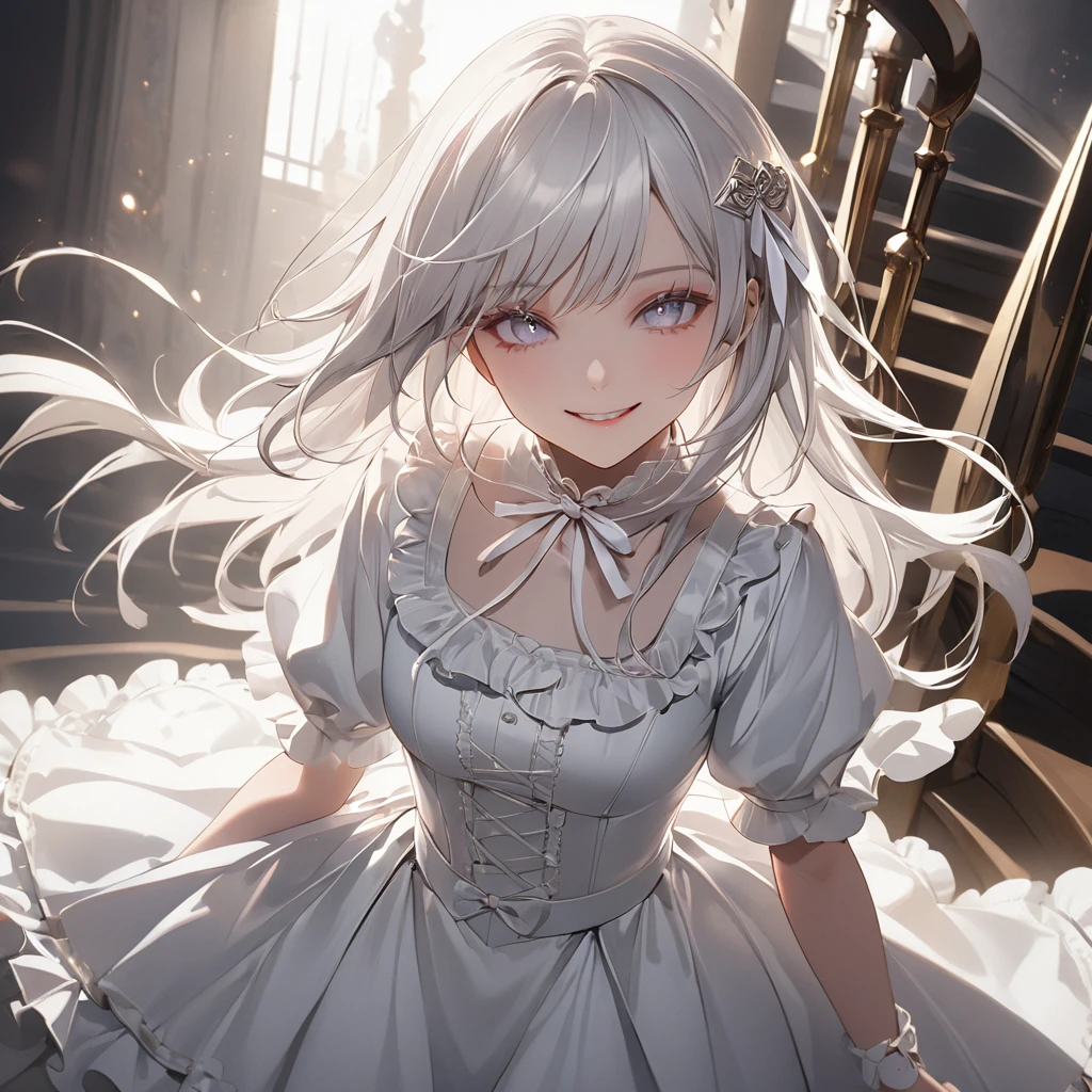 (digital art:0.2),(top-quality),(masterpiece),(1 girl),(solo),Delicately drawn face,girl with a pretty face,beautiful detailed silver eyes,white fashion,((beautiful white costume)),white skirt,(Beautiful silky white hair:1.3),white ribbon hair ornament,Film Lighting,a beautiful artistic illustration,walking spiral staircase,(white mosaic),evil smile,cowboy shot