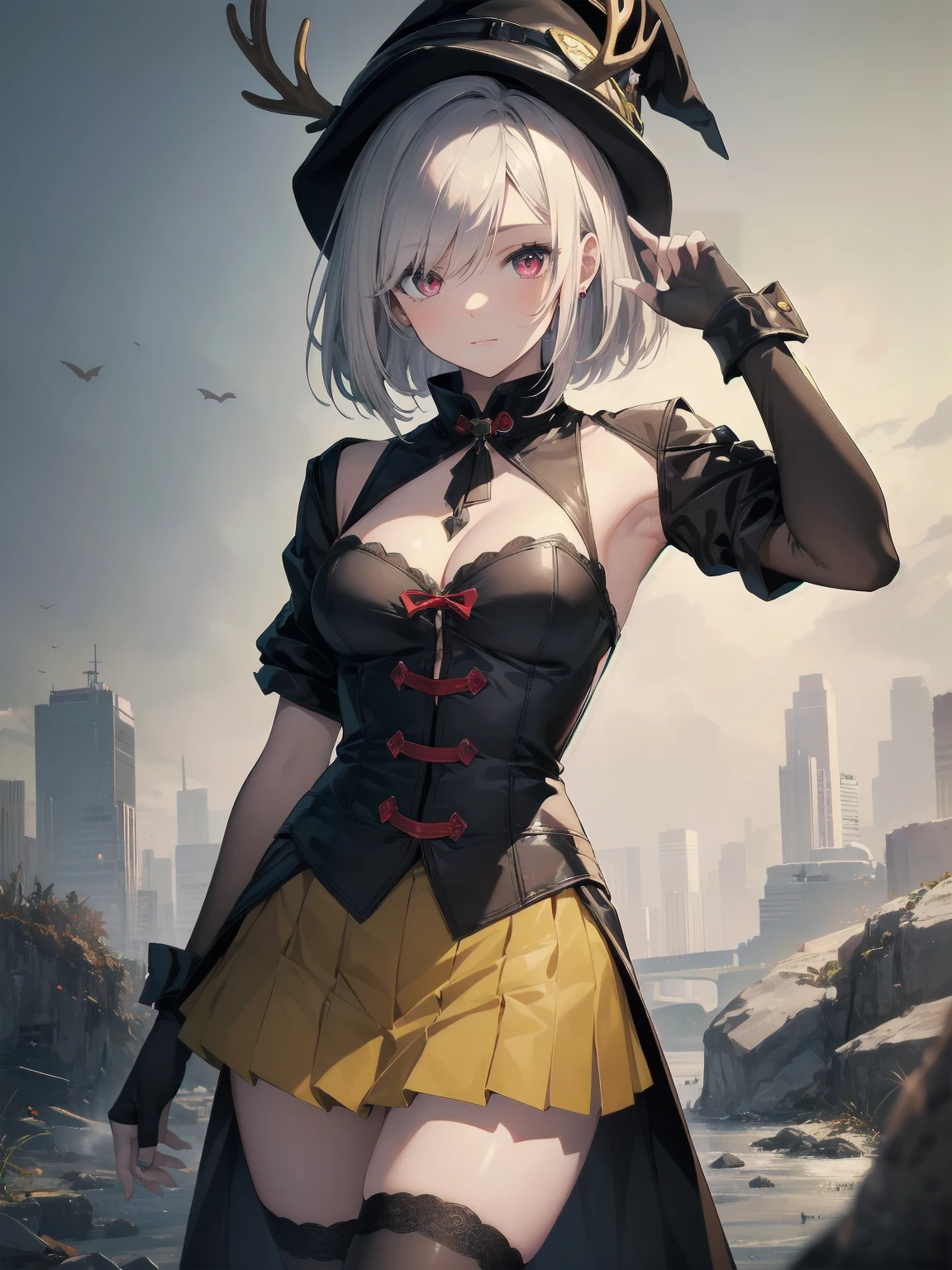 (Masterpiece artwork: 1.3), (top-quality: 1.2), Grande plano de one rapariga bonita, Ultra-detailed illustration, Ultra-high quality, high qualiy, top-quality, members, Fingers, beautiful and slender girl, one, Eyes red, leather witch cosplay, little devil, bob cut, black stocking, deer hat, illuminated kinematics