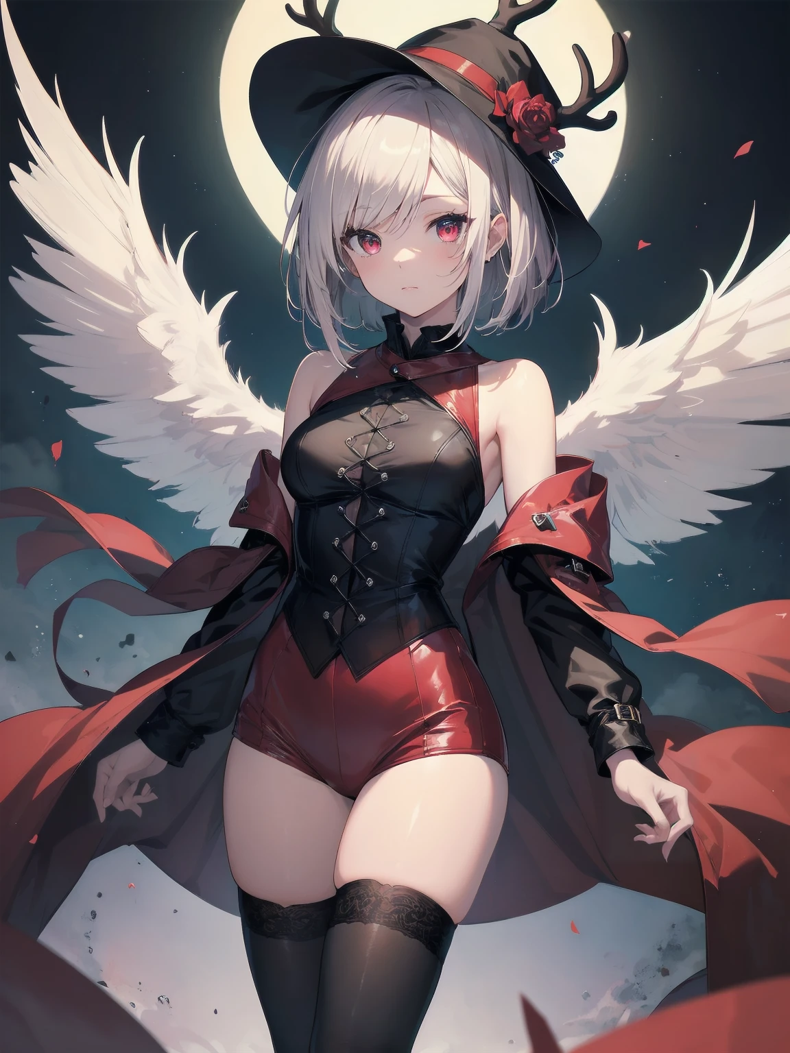 ((highest quality)), ((masterpiece)), (be familiar with), Bursting Angel,Joe,1 girl, alone,silver hair, red eyes,small breasts,erect nipples, Slender,slender,short hair,black underwear,No bra, gloves,