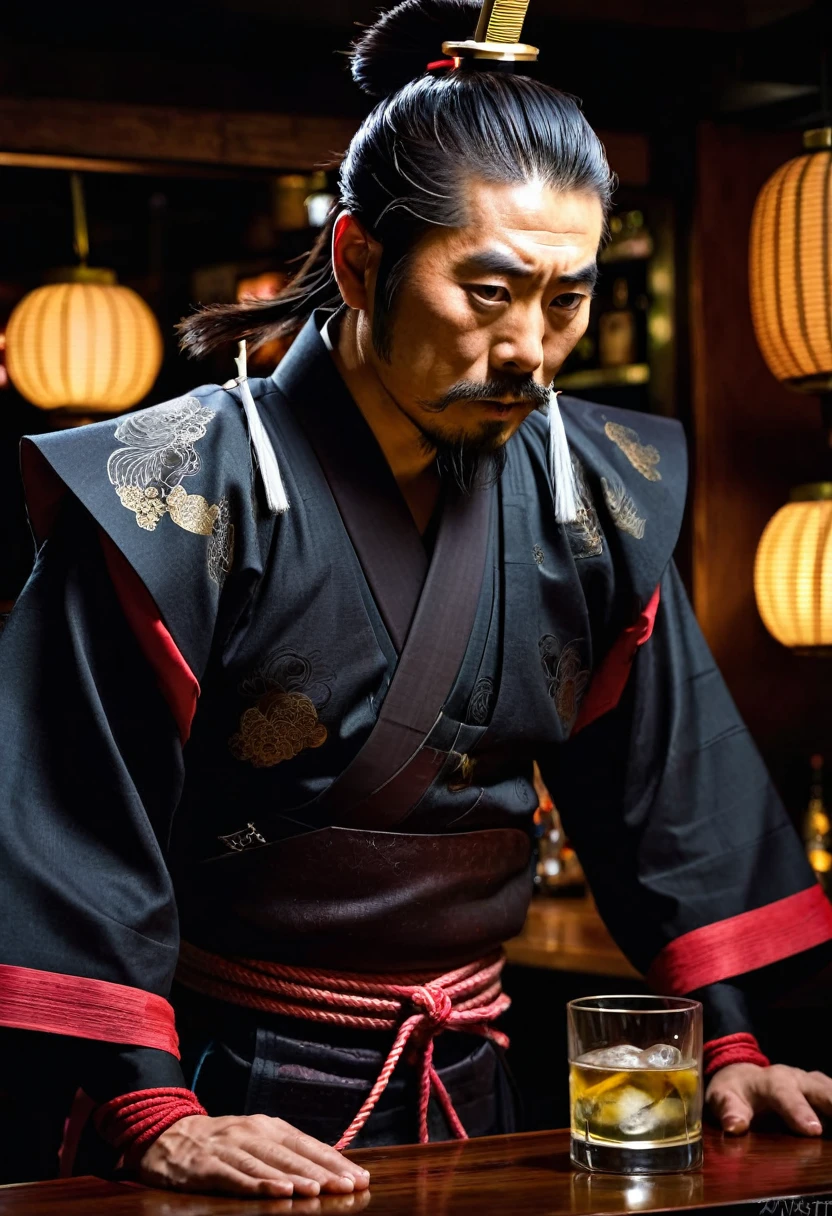 japanese samurai bartender, hyperrealistic, dim light